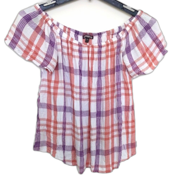 Express Tops - Women's Express Purple and Pink Off-the-Shoulder Flutter Sleeve Blouse, Size M